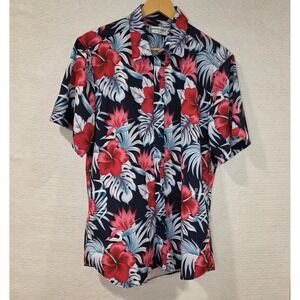 J & Dhuasha Men Hawaiian Blue Red White Floral Collared ShortSleeve Shirt Medium